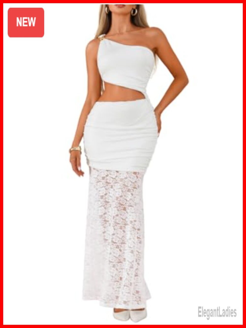 One Shoulder Lace Mermaid Maxi Dress Side Cutout Ruched Bodycon Formal